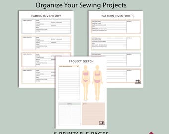 May include: A sewing planner with printable pages including fabric inventory, pattern inventory, and project sketch sheets. The pages feature sections for body measurements, sketches, and details, with text labels in English and A4 and US letter sizes.
