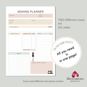 Sewing Project Planner, Printable Sewing Project Tracker A4 & US Letter 1 Page Easy Digital Planner Sewing planner image 1