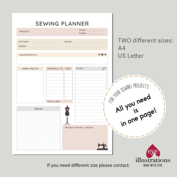 Planificateur de projet de couture, suivi de projet de couture imprimable | A4 & US Letter | 1 page Easy Digital Planner | Planificateur de couture