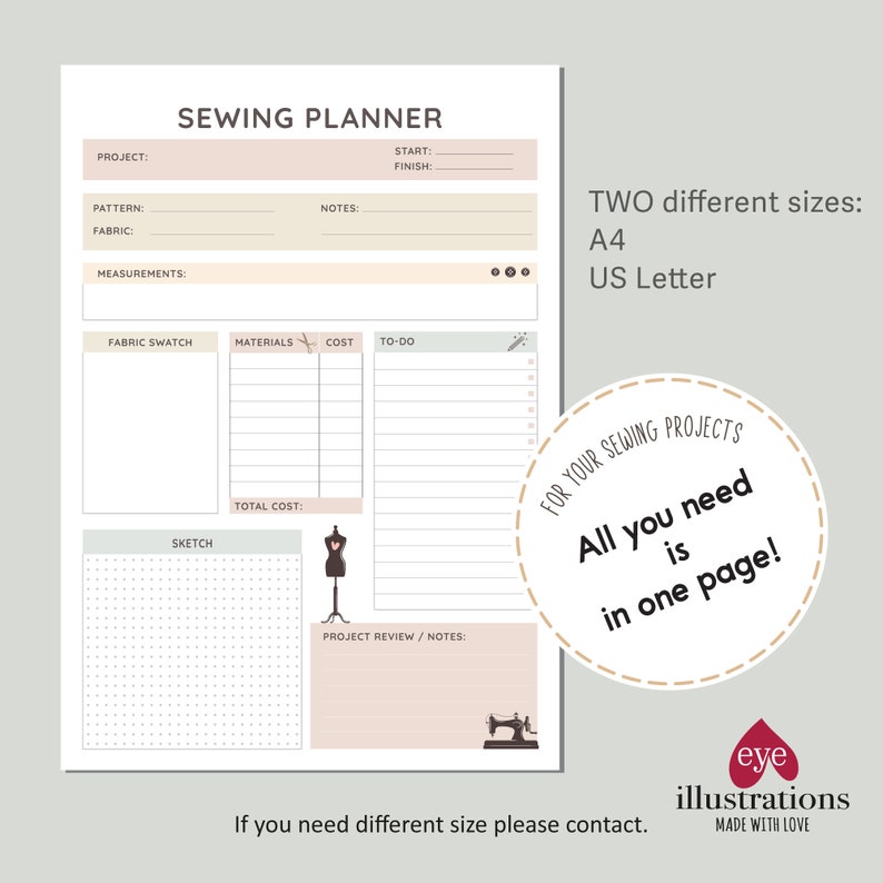 Sewing Project Planner, Printable Sewing Project Tracker A4 & US Letter 1 Page Easy Digital Planner Sewing planner image 1