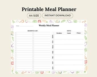 Weekly Meal Planner Printable 7 Day Menu Planner Meal Prep Planner Food Planner Grocery Shopping List Template Diet Health Aesthetic A4