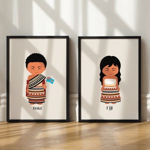 Set of 2 Fijian Boy and Girl in Traditional Dress Digital Artworks. Instant Digital Download. Fijian boy and girl. Fijian nursery.