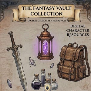 May include: A digital illustration titled THE FANTASY VAULT COLLECTION featuring a sword, a glowing purple lantern, a brown leather backpack, various glass potion bottles, scattered crystals, and an open book with a fountain pen, labeled UNEARTH YOUR STORY.