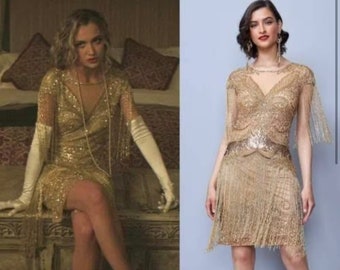 Comme on le voit dans le film YOU Sybil Gold Fringe Dress Jazz des années 1920 d'inspiration Gatsby Art déco Charleston Downton Abbey demoiselle d'honneur