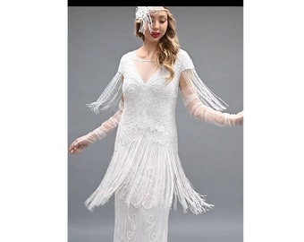 US18 EU50 Maxi blanche élégante robe d'invité de mariage embellie à la main avec des perles de verre Flapper mariée nuptiale de douche Artdeco robe de bal