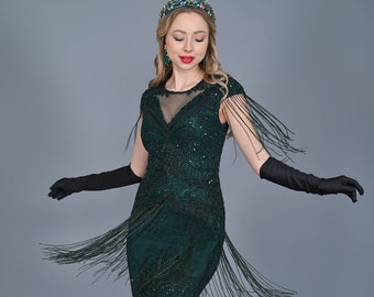 Sybil Green Fringe Dress Jazz edad 1920s Vintage inspirado Gran Gatsby Art Deco Charleston Downton Abbey Bridesmaid Party Wedding Guest Dress