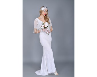Limited Edition Vorbestellung Maxi Weiß Braut Hochzeit 1920er Jahre Vintage inspiriert Gatsby Art Deco Charleston Brautjungfern Kleid Boho
