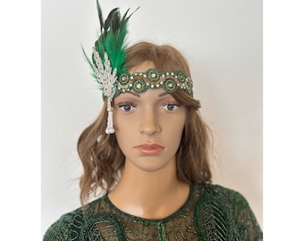 Green Vintage Theme Wedding feather Flapper Bride Headband Vintage 20s Beaded Charleston Downton Abbey Wedding Art Deco New Hand Made