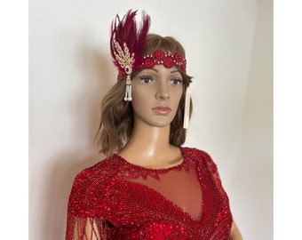 Red Vintage Theme Wedding feather Headband Flapper Bride Vintage 20s Beaded Charleston Downton Abbey Wedding Art Deco New Hand Made