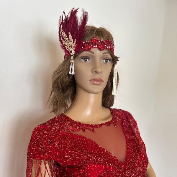 Bandeau plumes mariage thème vintage rouge Flapper mariée vintage des années 20 perles Charleston Downton Abbey mariage Art déco nouveau fait main