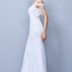 Chloe Bridal Long Maxi White Dress Open Back Hand Embellished Tassel with Glass Beads Flapper Bride Bridal Shower Artdeco Bohem Bridal Dress image 3