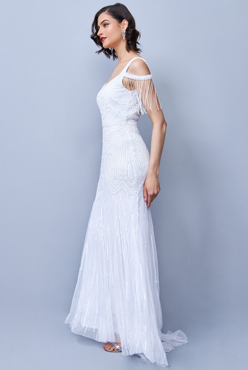 Chloe Bridal Long Maxi White Dress Open Back Hand Embellished Tassel with Glass Beads Flapper Bride Bridal Shower Artdeco Bohem Bridal Dress image 3