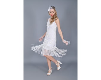 Pre-Order Victoria Brautkleid White Blush Fransenkleid Jazz Age 1920er Jahre Vintage Gatsby Art Deco Charleston Downton Abtei Brautjungfer Party