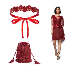 Complete set Sybil Red Fringe Dress Jazz leeftijd jaren 1920 Vintage geïnspireerd Great Gatsby Art Deco Charleston Downton Abbey Bruidsmeisjesfeest Bruiloft