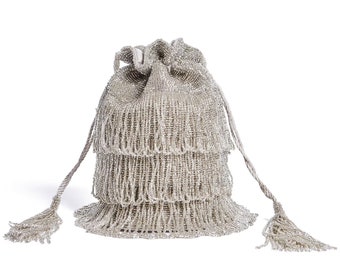 Elegante zilveren Artdeco Tassel Bucket Pouch clutch bag Wedding Bridal Bruidsmeisjes Verfraaid 20s Great Gatsby Avonden Party Accessoires