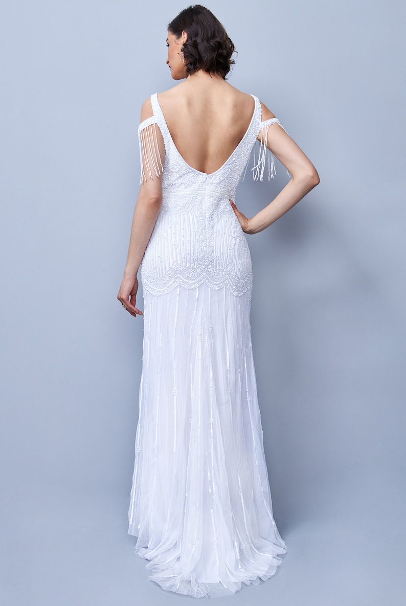 Chloe Bridal Long Maxi White Dress Open Back Hand Embellished Tassel with Glass Beads Flapper Bride Bridal Shower Artdeco Bohem Bridal Dress image 4