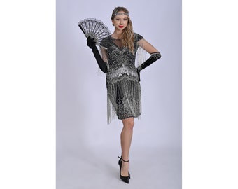 Sybil Black Silver  Fringe Dress Jazz age 1920s Vintage inspired Great Gatsby Art Deco Charleston Downton Abbey Bridesmaid Party Wedding