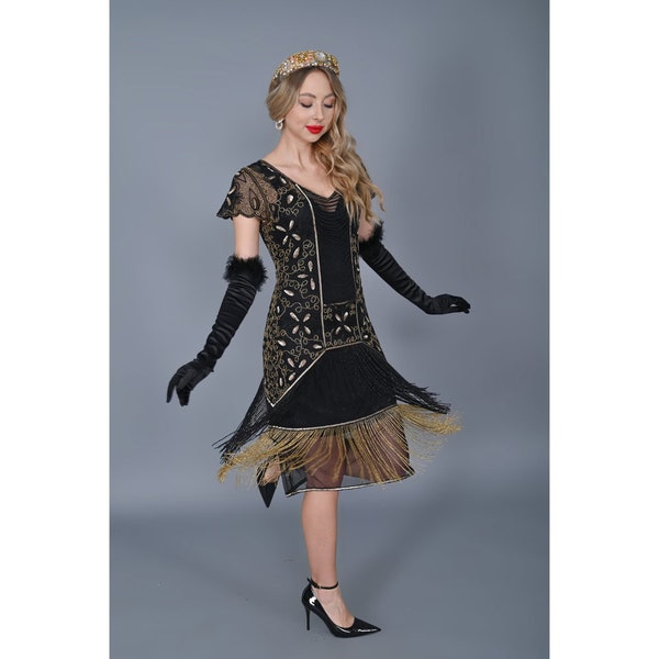 Edith Schwarz Gold Fransen Flapper Kleid Slip inklusive 20er Jahre Great Gatsby Art Deco Charleston Downton Abtei Brautjungfer Hochzeit
