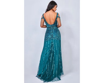 Chloe nupcial largo maxi vestido azul verde azulado espalda abierta adornado a mano borla cuentas de vidrio flapper novia despedida de soltera Artdeco Bohem vestido de novia