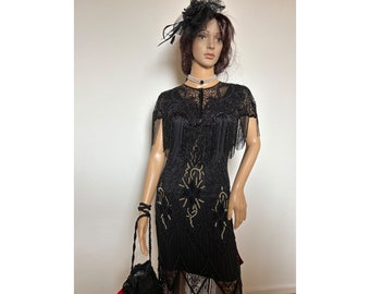 Annette Black Gold Flapper Great Gatsby Downton Abbey Charleston Art Déco Demoiselle D'honneur Mariage Invité Robe De Mariée Robe Tassel Robe Années 1920