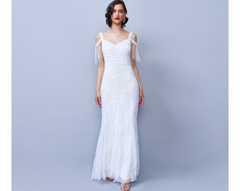 Chloe Bridal Long Maxi White Dress Open Back Hand Embellished Tassel with Glass Beads Flapper Bride Bridal Shower Artdeco Bohem Bridal Dress