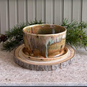 May include: A cylindrical ceramic planter with a glossy glaze featuring blended earth tones of brown, tan, and green with vertical drip patterns. The planter sits on a matching circular ceramic saucer, which is placed on a round wooden slice.