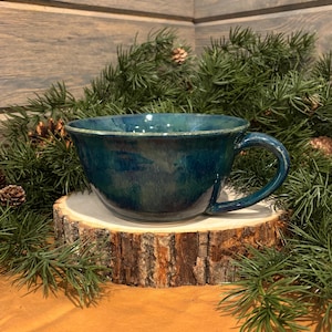 Blue Green Soup Bowl with Handle Handmade Pottery