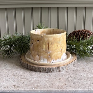 May include: A cylindrical ceramic planter with a glossy, honey-colored drip glaze over a white base. The planter sits on a matching circular saucer, which is placed atop a natural wood slice. The design features vertical streaks of tan and brown.