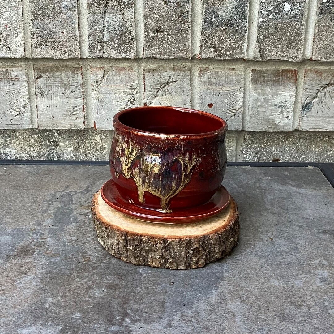 Red Gold Planter With Drainage Hole Handmade Pottery Etsy