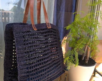Crocheted raffia beach bag, summer straw basket, women's handbag, handmade gift, tote basket, boho bag