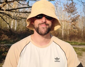 Unisex bucket hat, straw hat for holidays, travel, beach, garden, raffia sun hat, handmade crochet hat, minimalist bucket hat