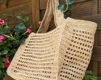 Große Strandtasche aus Bast, Tragetasche, gehäkelte Sommertasche, Geschenkidee für Frauen, Basthandtasche, Boho-Strandtasche für den Sommerurlaub, handgefertigte Tasche