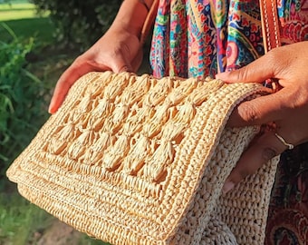 Raffia shoulder bag, woven straw crochet bag, summer bag, straw bag, raffia bag, women's handbag, unique gift for her