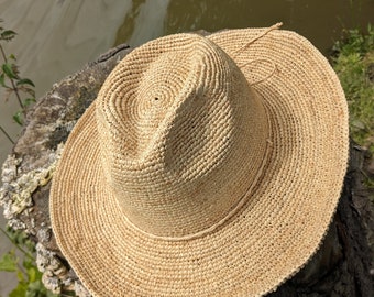 Summer straw raffia hat, decorative vintage raffia hat, travel, vacation, beach, gardening hat for men and women, Panama cowboy hat