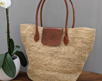 Sac Cabas en paille, panier en raphia, sac crochet , sac d été