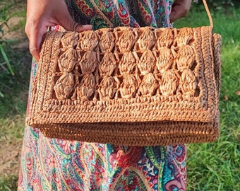 Sac Bandoulière en raphia, sac crochet en paille tissée, sac d' été en raphia crochet