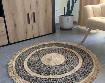 Round Boho Raffia Rug, Decorative Natural Raffia Rug, Woven Raffia Straw Rug, Home Decor for Bedroom, Living Room, Office, Handmade Gift