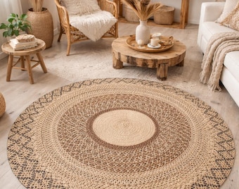 Round boho raffia rug, unique decorative rug, raffia rug for living room, office, or bedroom, handmade boho raffia gift rug, crochet rug