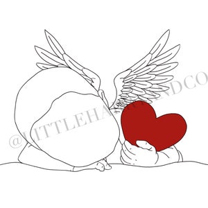 May include: A black and white line drawing of an angel with wings holding a red heart. The angel is lying on its side with its head resting on the heart.
