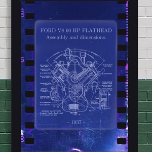 Negativ-Foto-Kopie von 1937 Ford 60 PS V8 Flachkopfmotor, Filmdesign - mechanische Zeichnung Wanddekoration für Mannhöhle oder Werkstatt