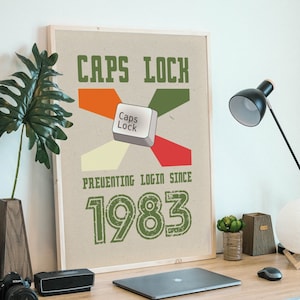 Caps lock - preventing login since 1983 - Tech joke, retro design wall decoration for office or living room, with paper-like background
