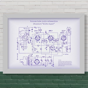 Old vacuum tube radio schematics - electronics drawing wall decoration for man cave, HAM radio clubs or workshop