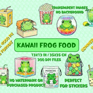 Cute kawaii frog food - clipart with 10 reusable images for designers, PNG format, high resolution images