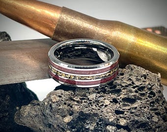 Marine Inspired Tungsten Ring – Garnet & Gold Mens Wedding Band – Military, Semper Fi – Free Engraving