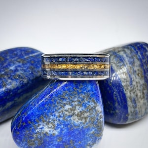 Lapis Lazuli Ring, Lapis Gold Ring, Unique Engagement Ring, Tungsten Men&#39;s Ring Band, Men&#39;s Ring, Triple Channel Ring, Lapis Lazuli Jewelry