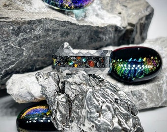 Meteorite and Dichroic Glass Ring, Meteorite Ring, Meteorite Jewelry, Glass Ring, Glass Jewelry, Dichroic Glass, Glow in the Dark Ring