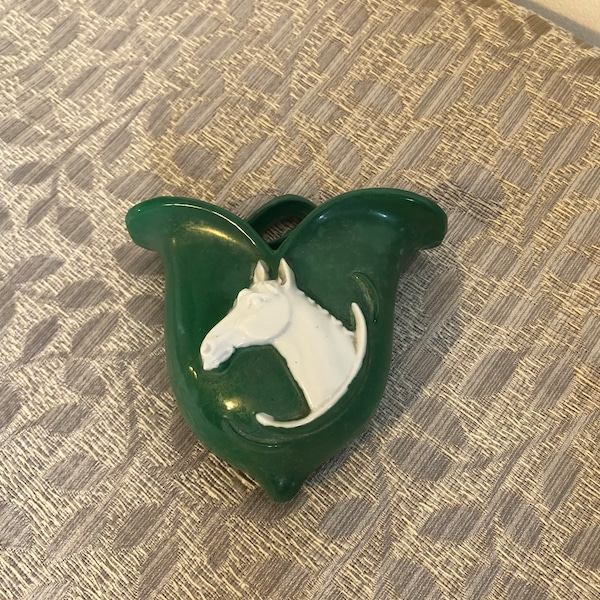 Unusual small dark green tulip shape wall pocket with white horse head marked Foreign