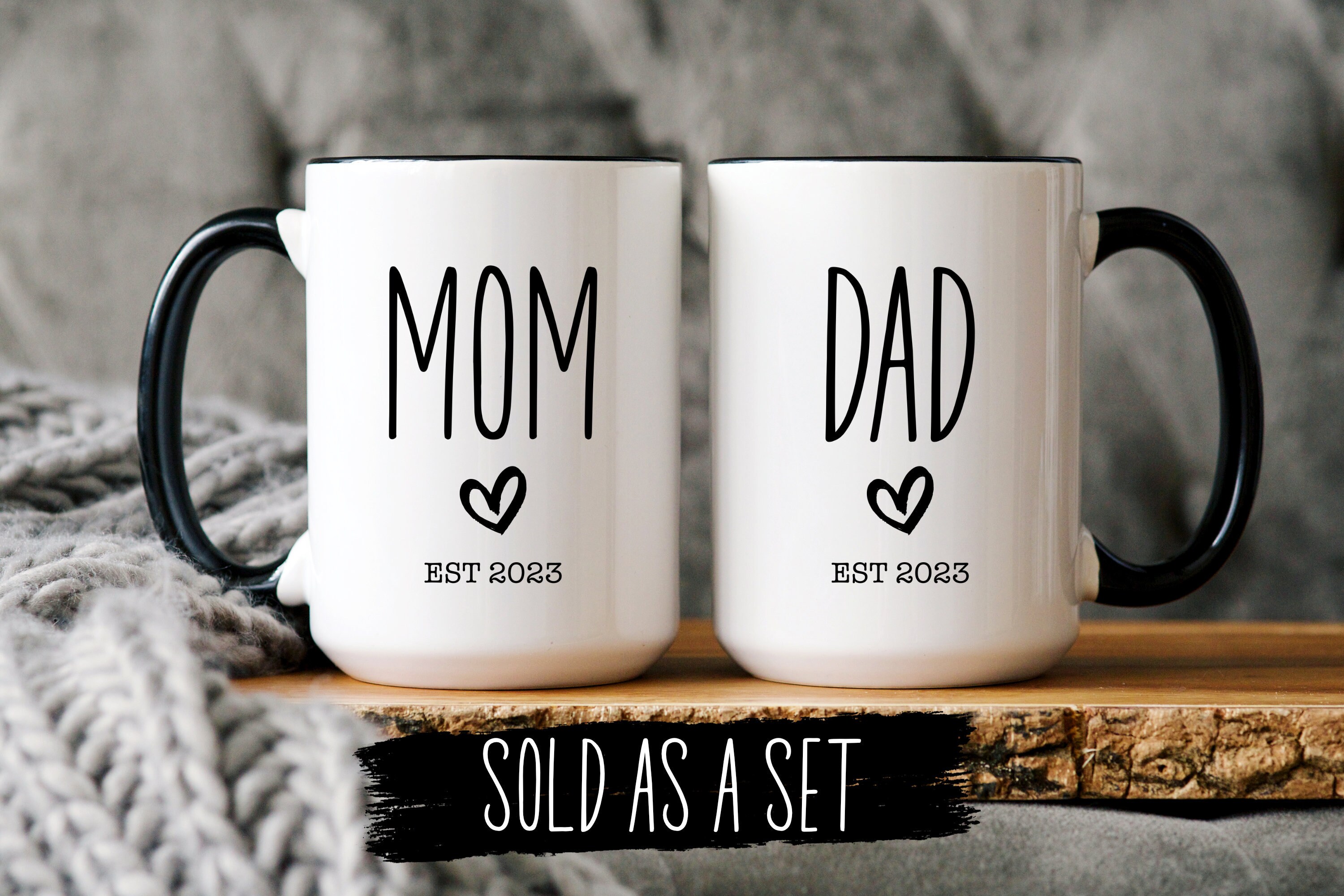 Modwnfy Mom and Dad Mugs, Mom Dad Est 2023 White Ceramic Cup Mugs Set, 11  fl oz Coffee Mugs 