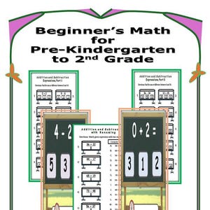 Puede incluir: Póster educativo titulado "Matemáticas para principiantes" para preescolar a 2º grado. El póster presenta problemas de matemáticas, incluyendo suma y resta, con elementos interactivos. El diseño incluye el texto "Fun & Reviews" y "Hand-Outs".