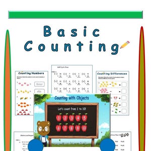 Puede incluir: Hoja de trabajo educativa titulada "Basic Counting" con varios ejercicios de matemáticas. Incluye contar números, sumar, restar, patrones y una sección de contar con objetos con manzanas. También es visible el texto "Practices, Puzzles and More".